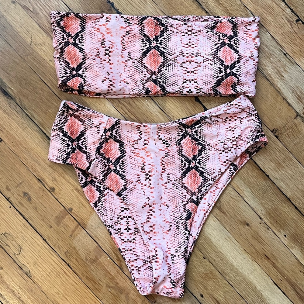 Orange snakeskin high-waisted bikini set